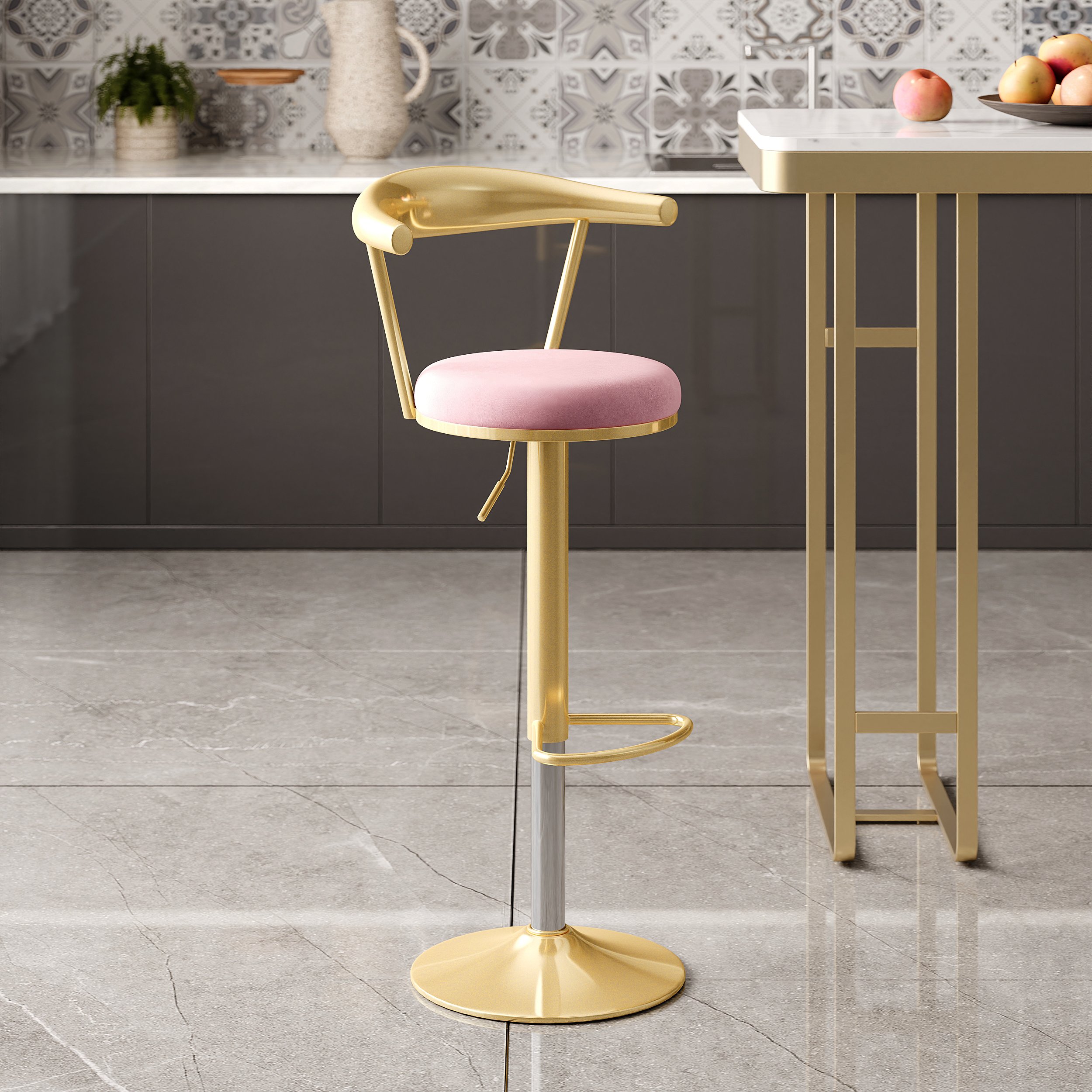 HMR Modern Adjustable Swivel Bar Stools or Counter Stools with Velvet Upholstery (Single) - Pink
