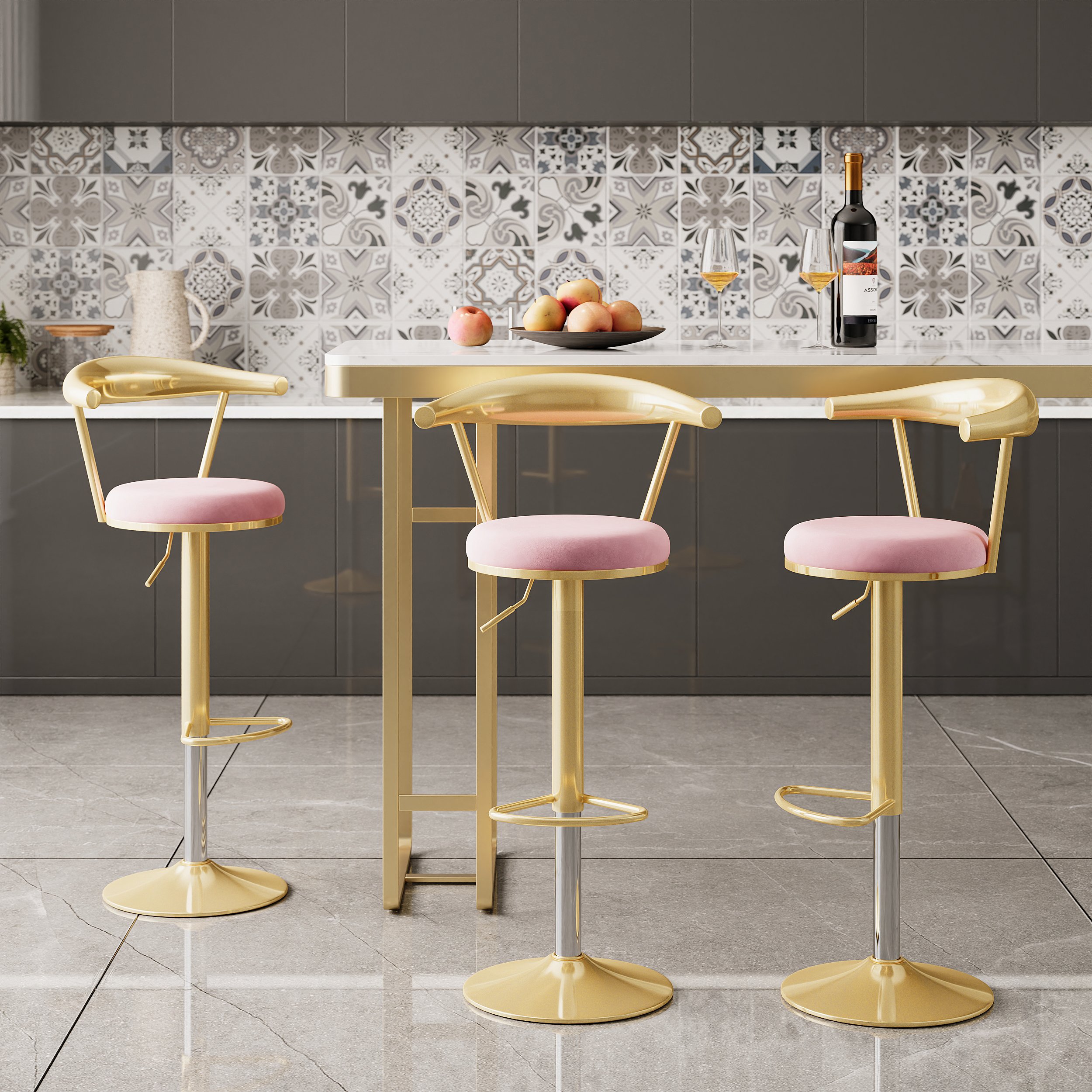 HMR Modern Adjustable Swivel Bar Stools or Counter Stools with Velvet Upholstery (Single) - Pink