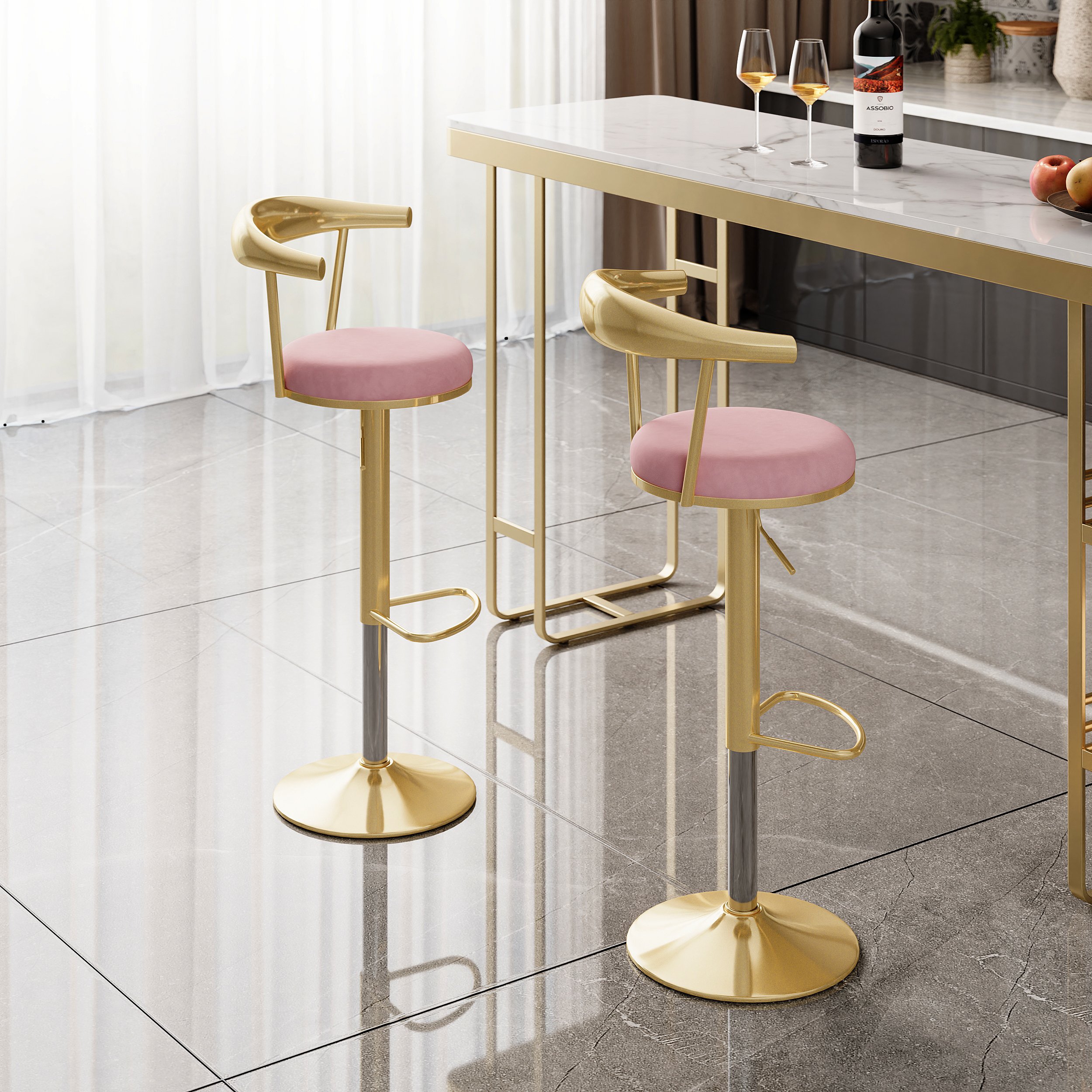HMR Modern Adjustable Swivel Bar Stools or Counter Stools with Velvet Upholstery (Single) - Pink