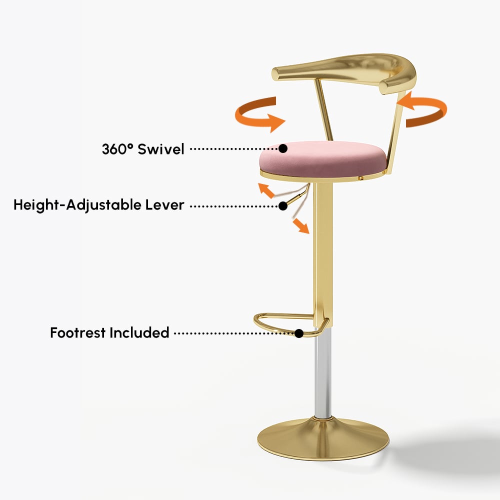 HMR Modern Adjustable Swivel Bar Stools or Counter Stools with Velvet Upholstery (Single) - Pink