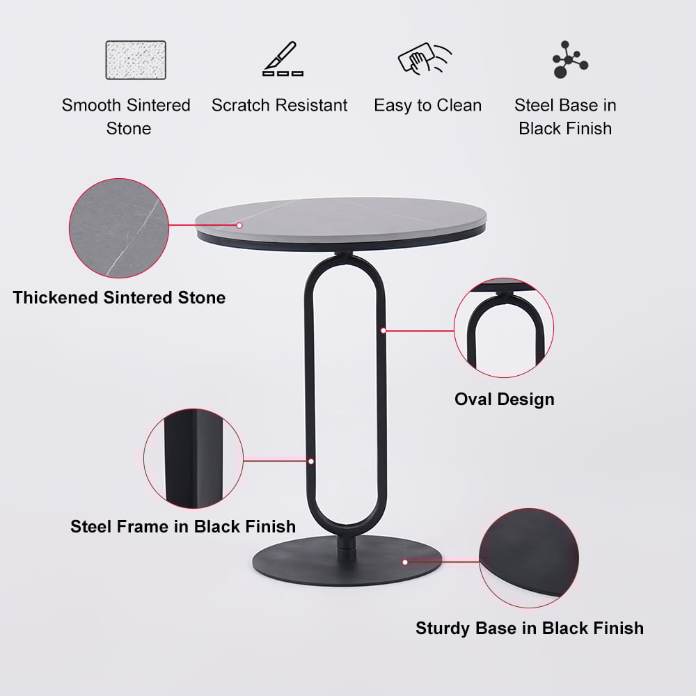 HMR - Dark Gray Sintered Stone Round Side Table Carbon Steel Base in Black