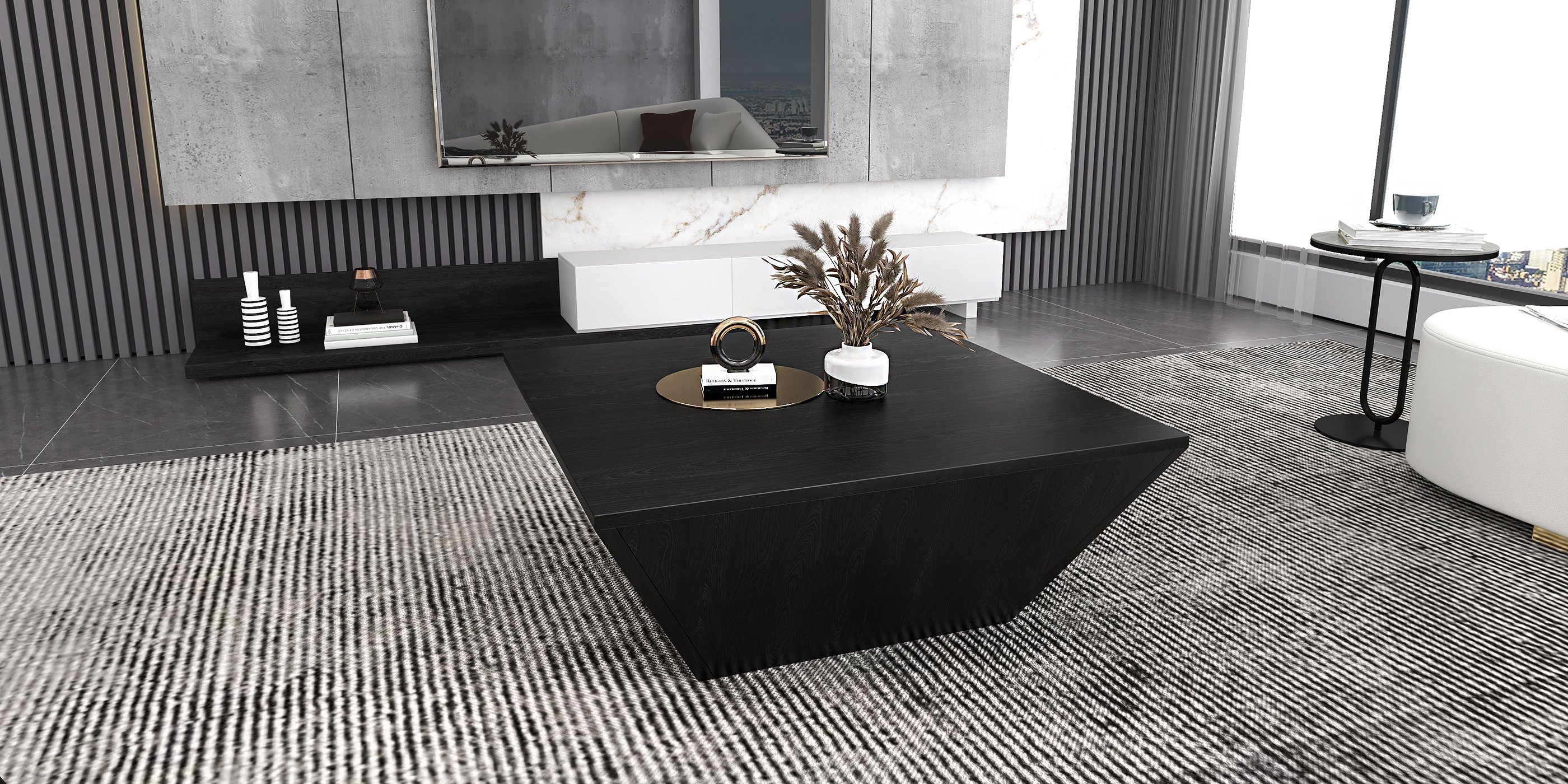HMR - Dark Gray Sintered Stone Round Side Table Carbon Steel Base in Black