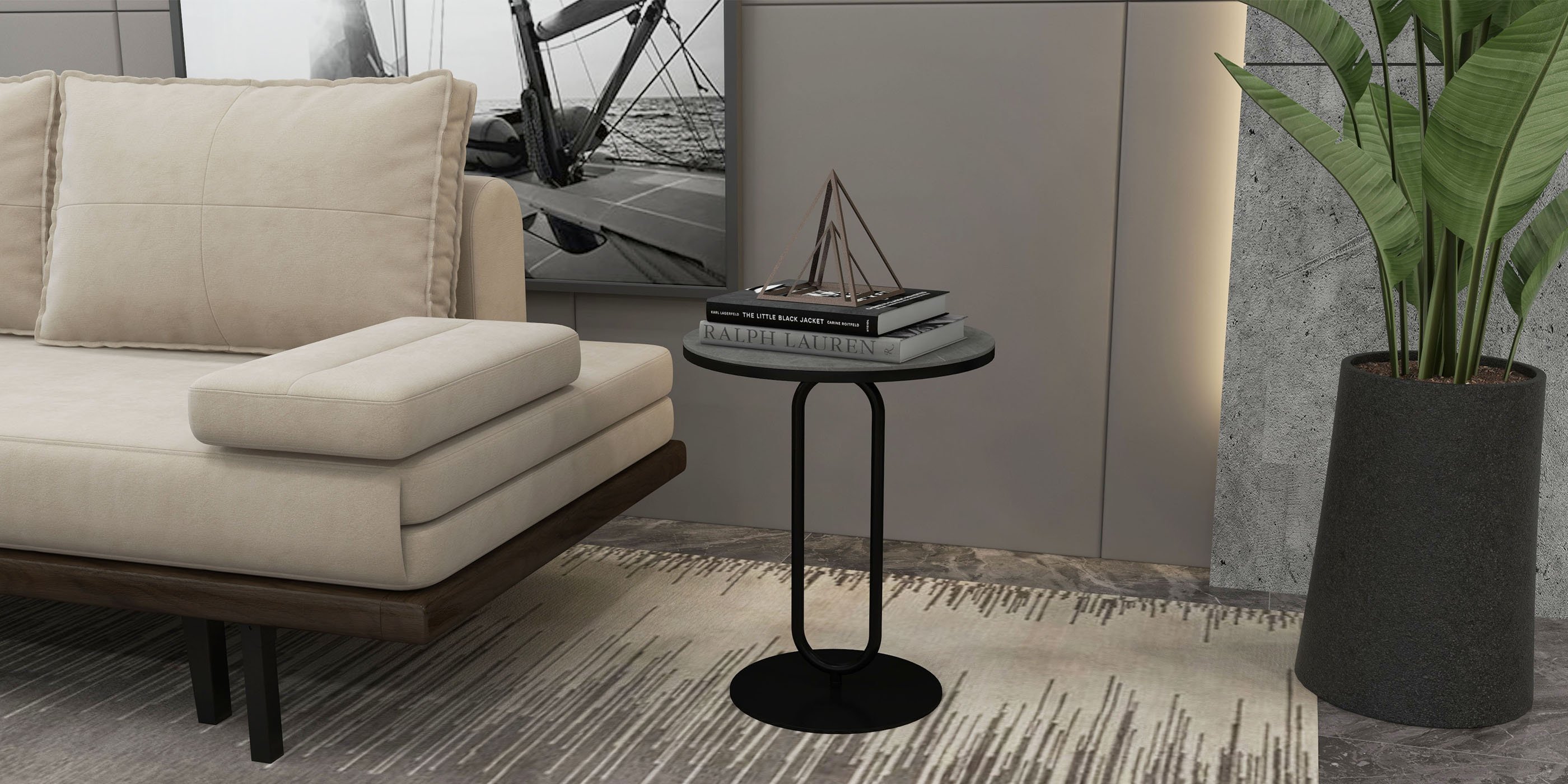 HMR - Dark Gray Sintered Stone Round Side Table Carbon Steel Base in Black