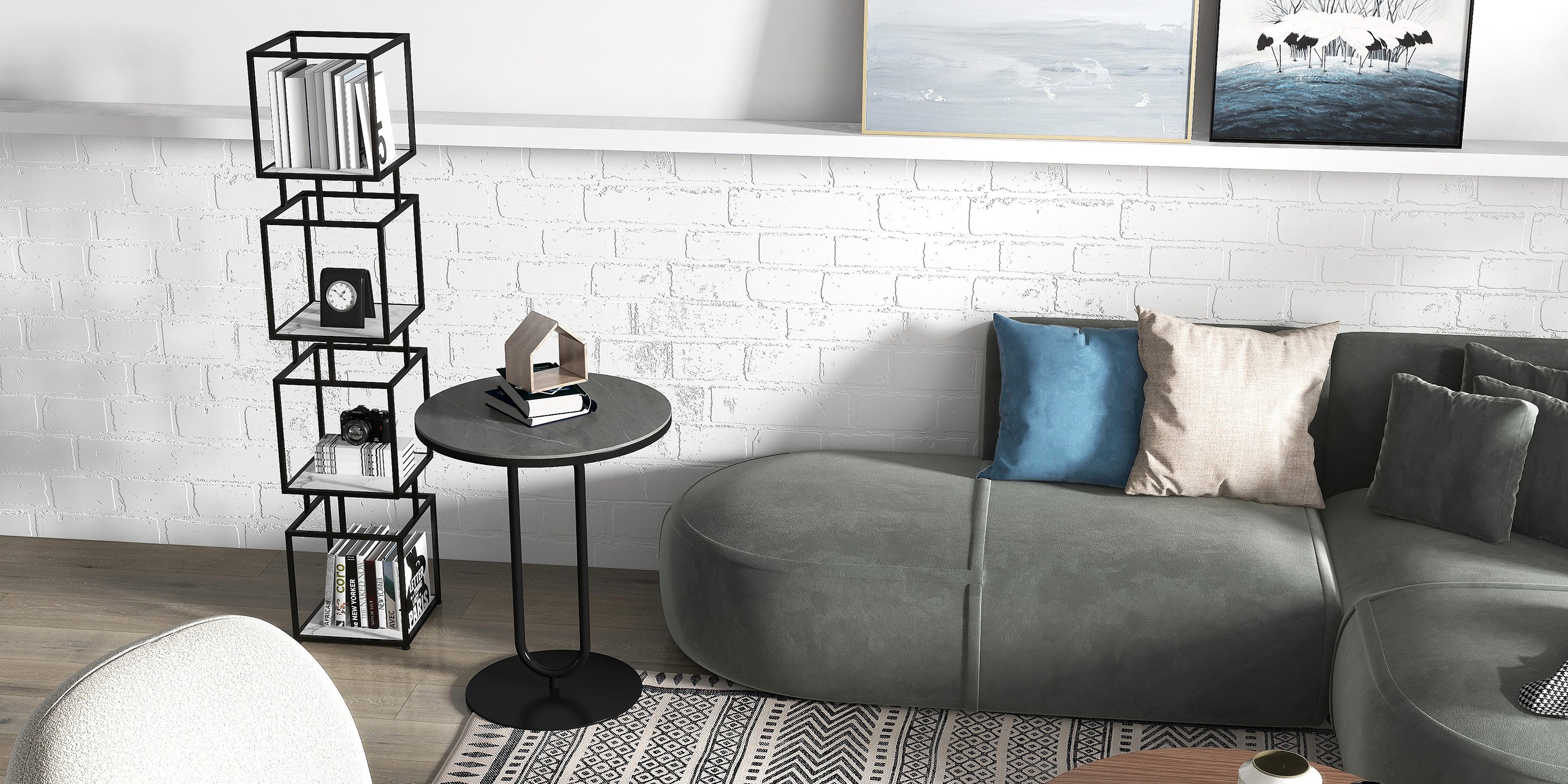 HMR - Dark Gray Sintered Stone Round Side Table Carbon Steel Base in Black