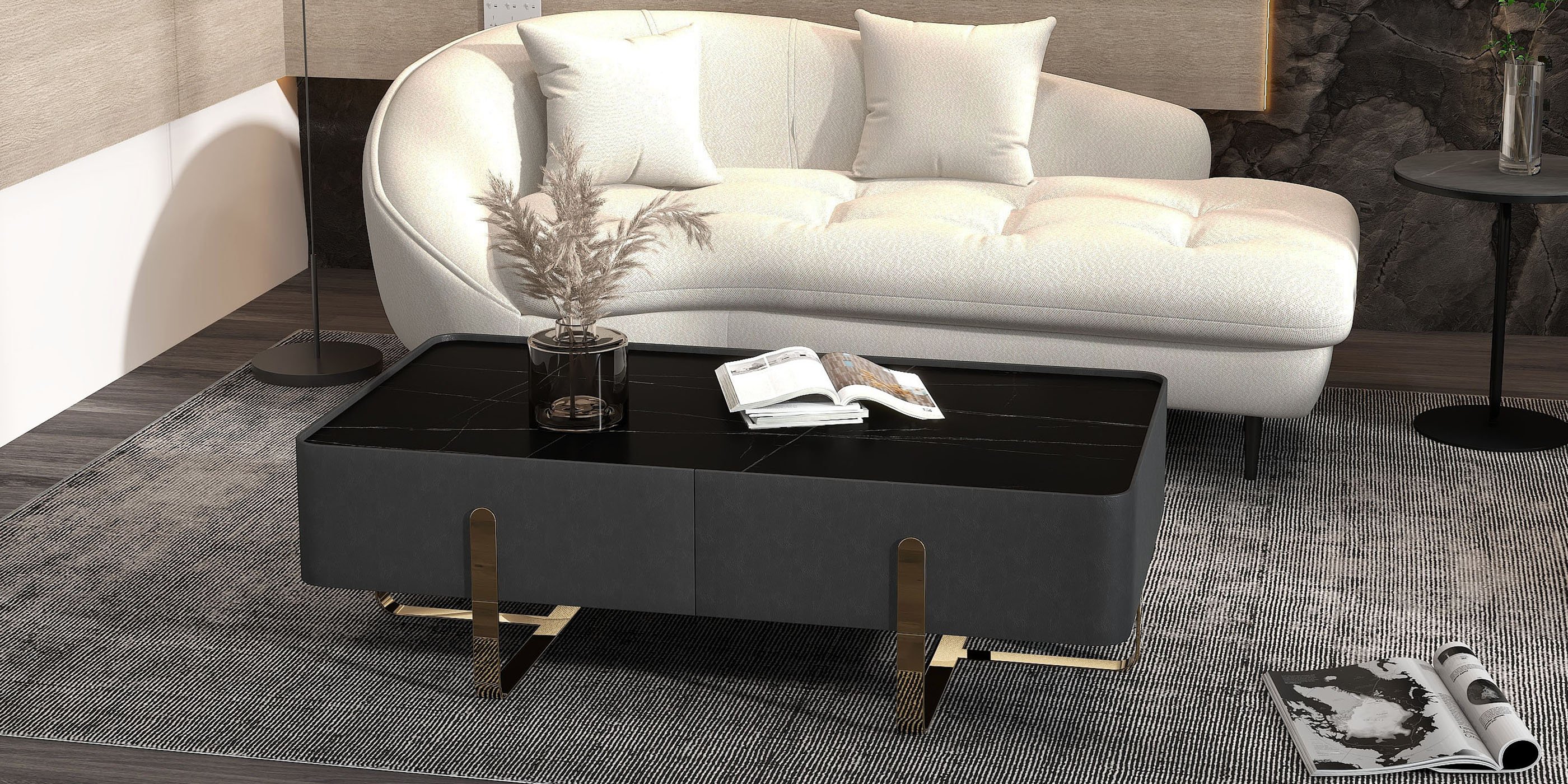 HMR - Dark Gray Sintered Stone Round Side Table Carbon Steel Base in Black