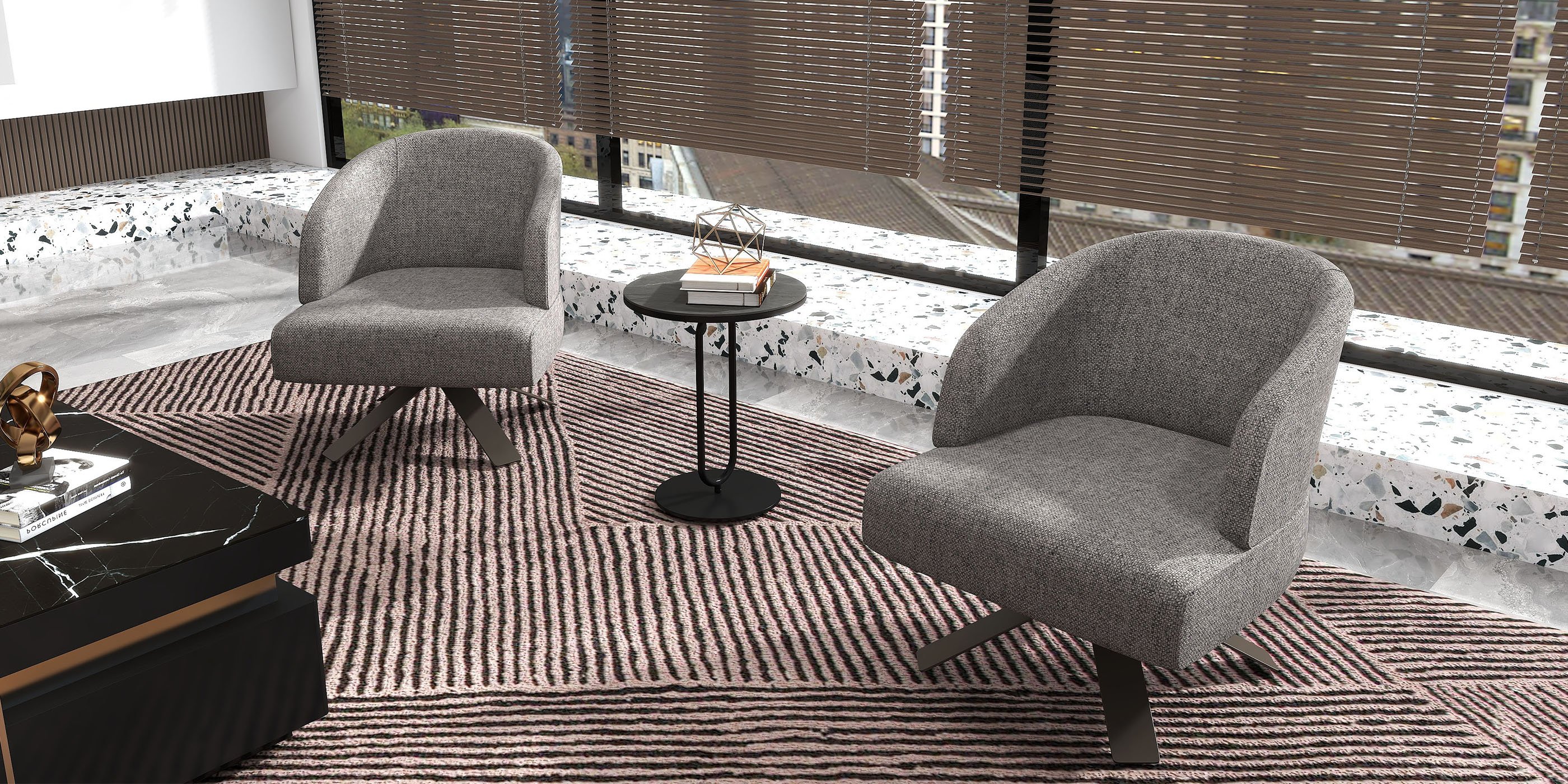 HMR - Dark Gray Sintered Stone Round Side Table Carbon Steel Base in Black