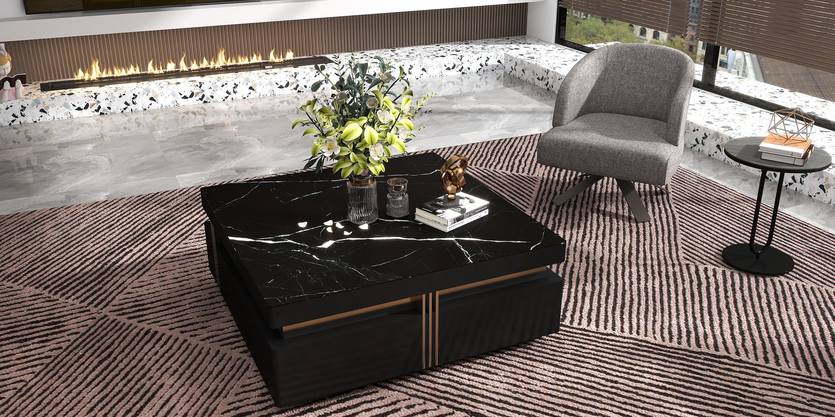 HMR - Dark Gray Sintered Stone Round Side Table Carbon Steel Base in Black