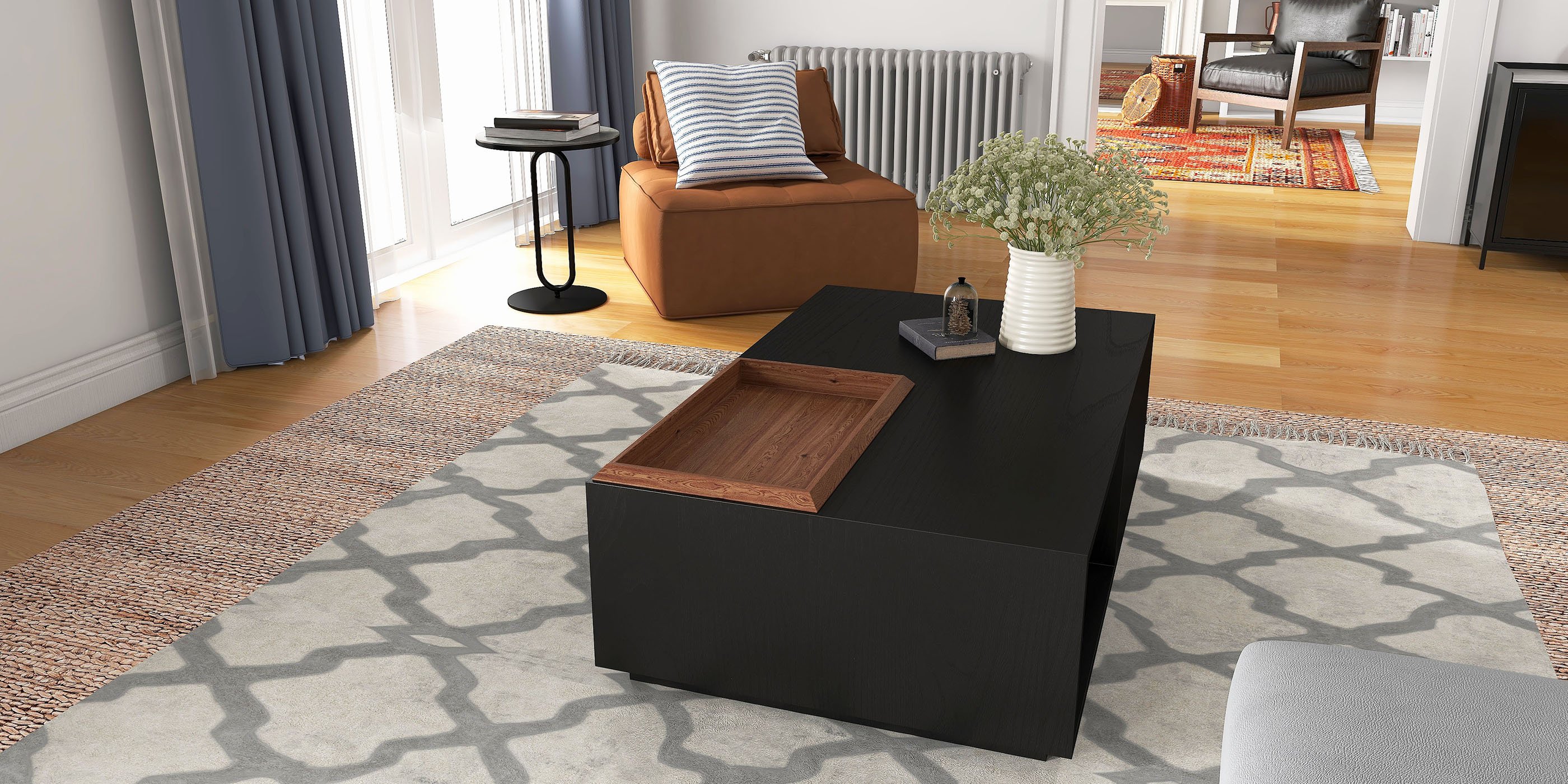HMR - Dark Gray Sintered Stone Round Side Table Carbon Steel Base in Black