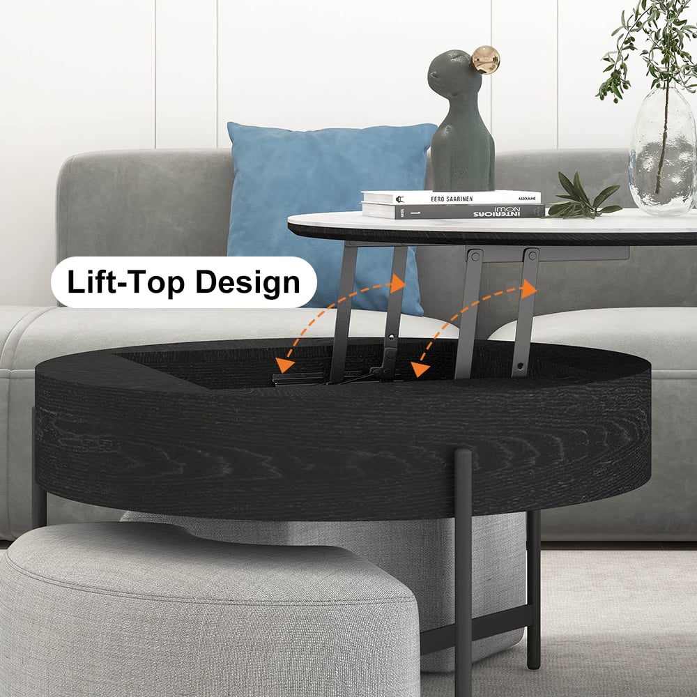 HMR Modern Round Lift-Top Coffee Table with Stools - White/Black