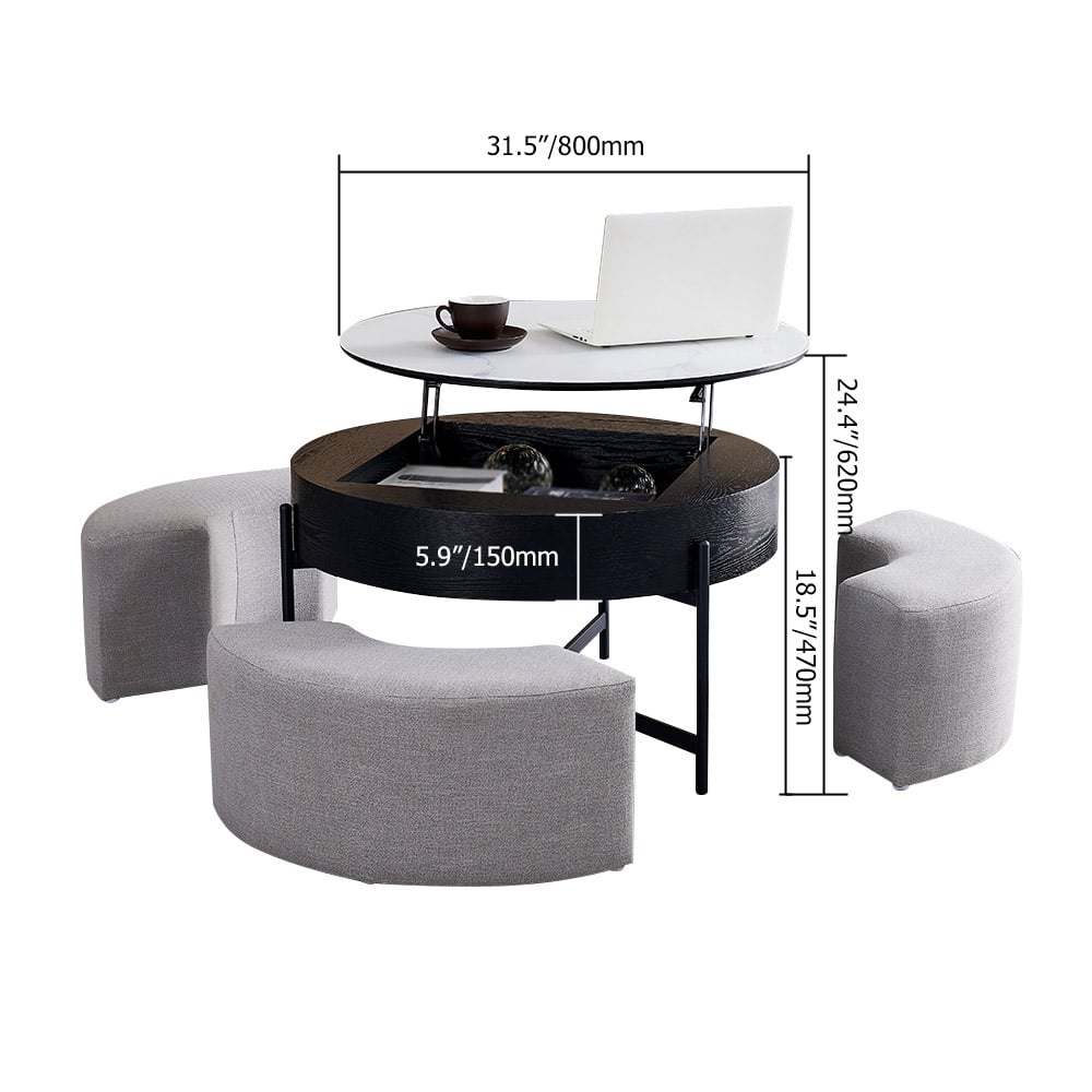HMR Modern Round Lift-Top Coffee Table with Stools - White/Black
