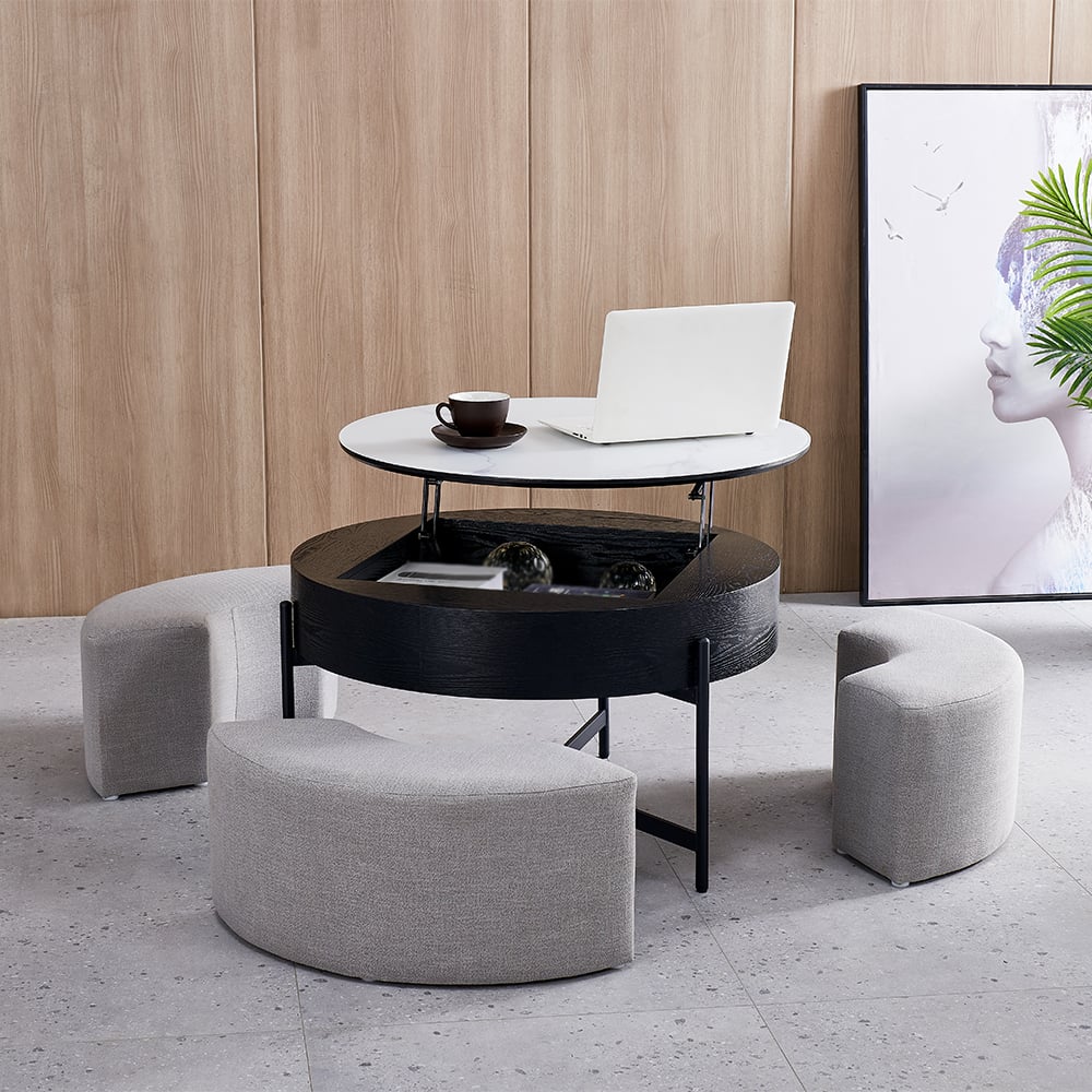 HMR Modern Round Lift-Top Coffee Table without Stools - White/Black