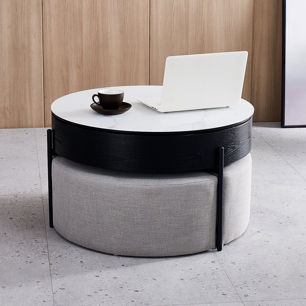 HMR Modern Round Lift-Top Coffee Table without Stools - White/Black