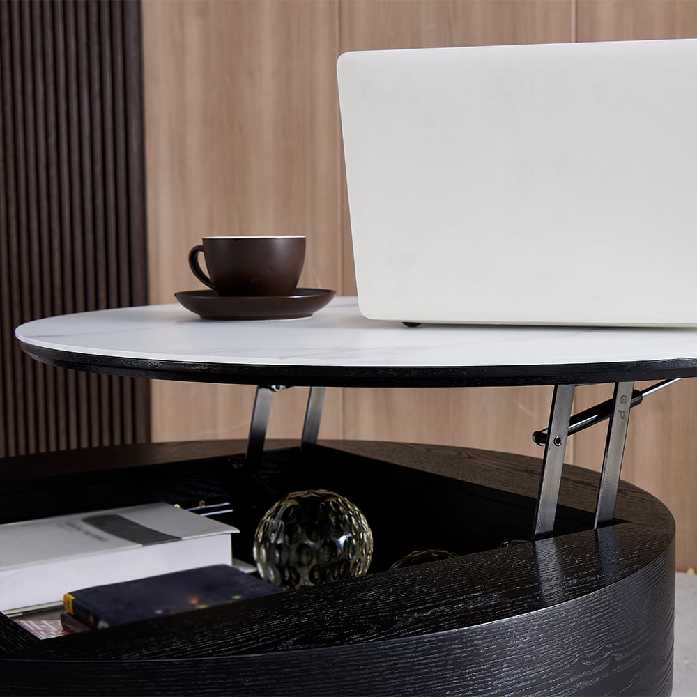 HMR Modern Round Lift-Top Coffee Table without Stools - White/Black