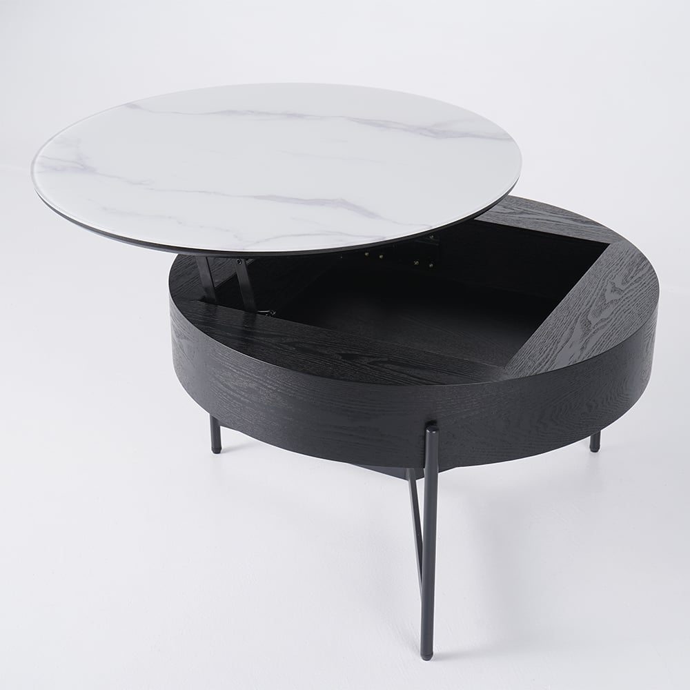 HMR Modern Round Lift-Top Coffee Table without Stools - White/Black