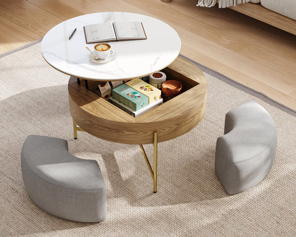 HMR Modern Round Lift-Top Coffee Table with Stools - White/Natural