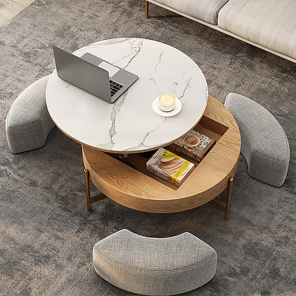 HMR - Modern Round Lift-Top Coffee Table with Stools
