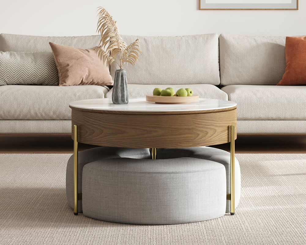 HMR Modern Round Lift-Top Coffee Table with Stools - White/Walnut