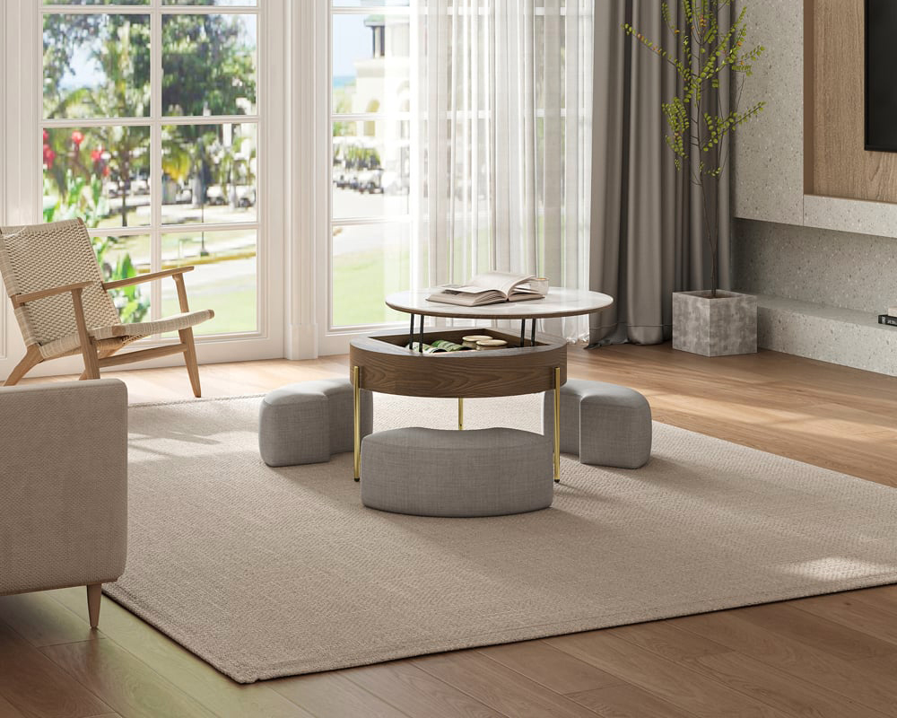 HMR Modern Round Lift-Top Coffee Table with Stools - White/Walnut