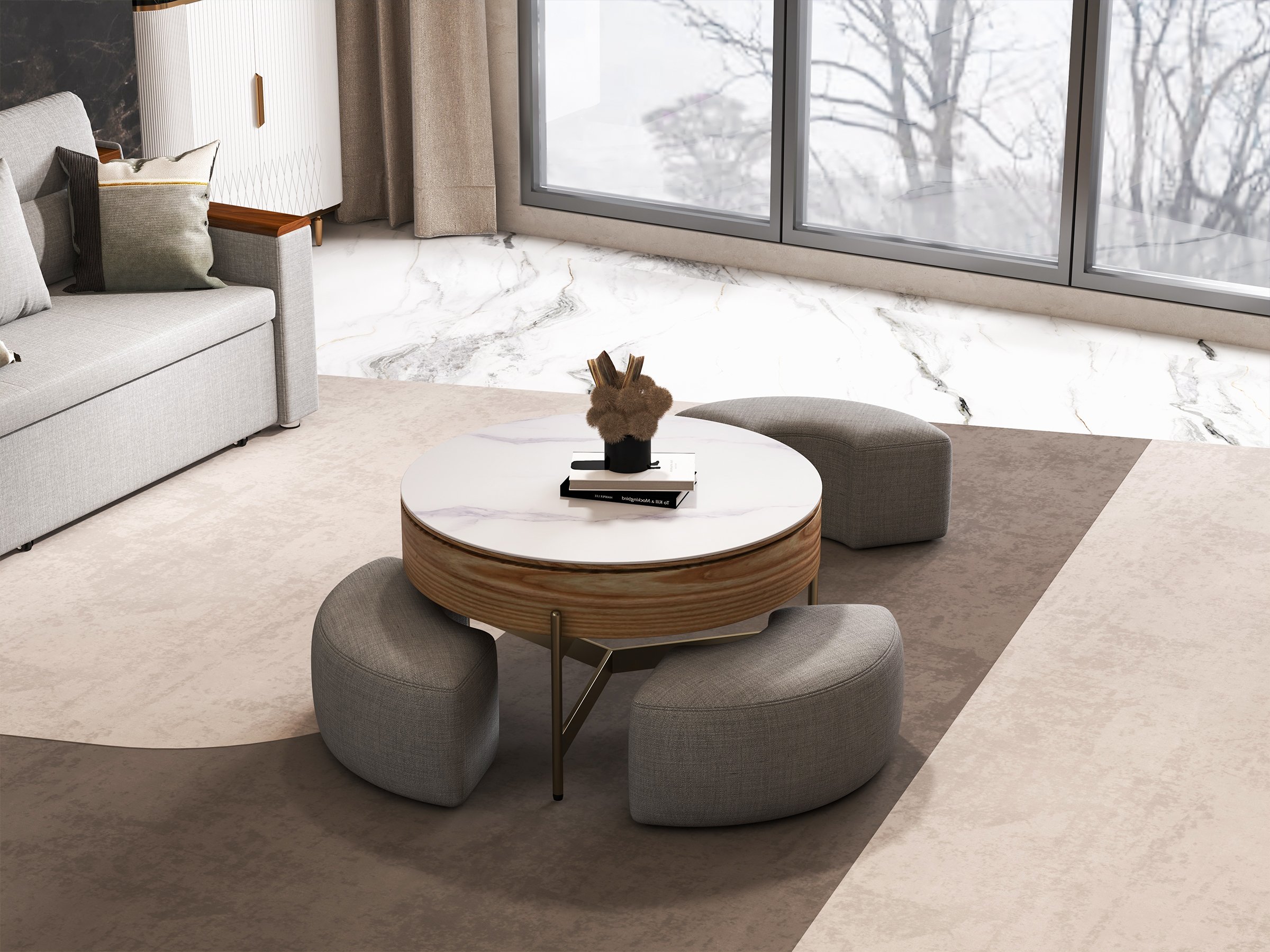 HMR Modern Round Lift-Top Coffee Table with Stools - White/Walnut