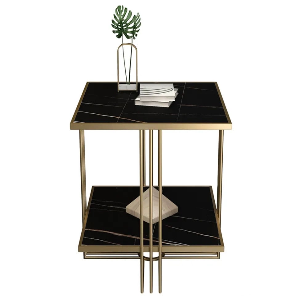 HMR - Side Table with Storage and Geometric with Gold Frame in Black