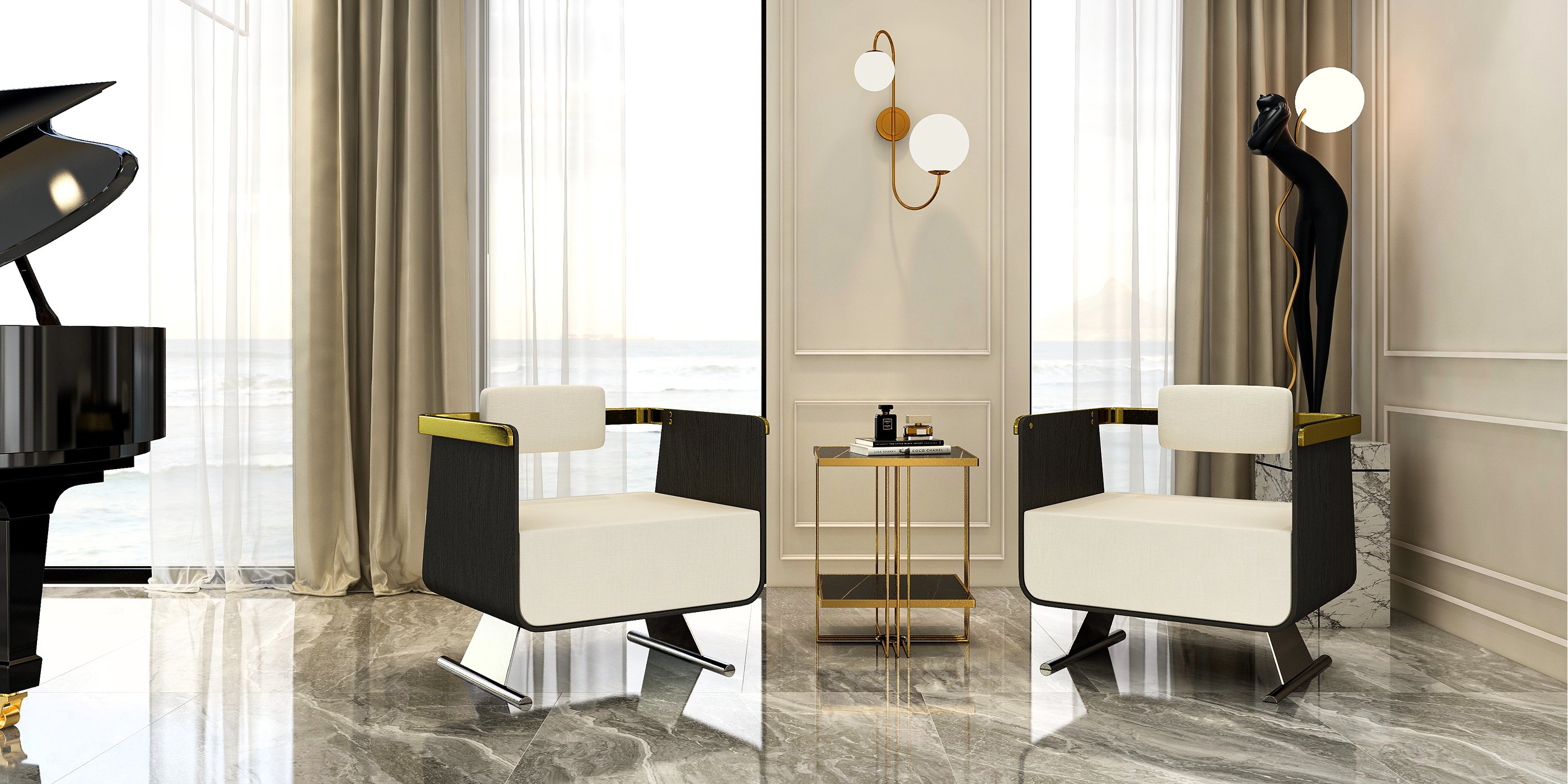 HMR - Side Table with Storage and Geometric with Gold Frame in Black