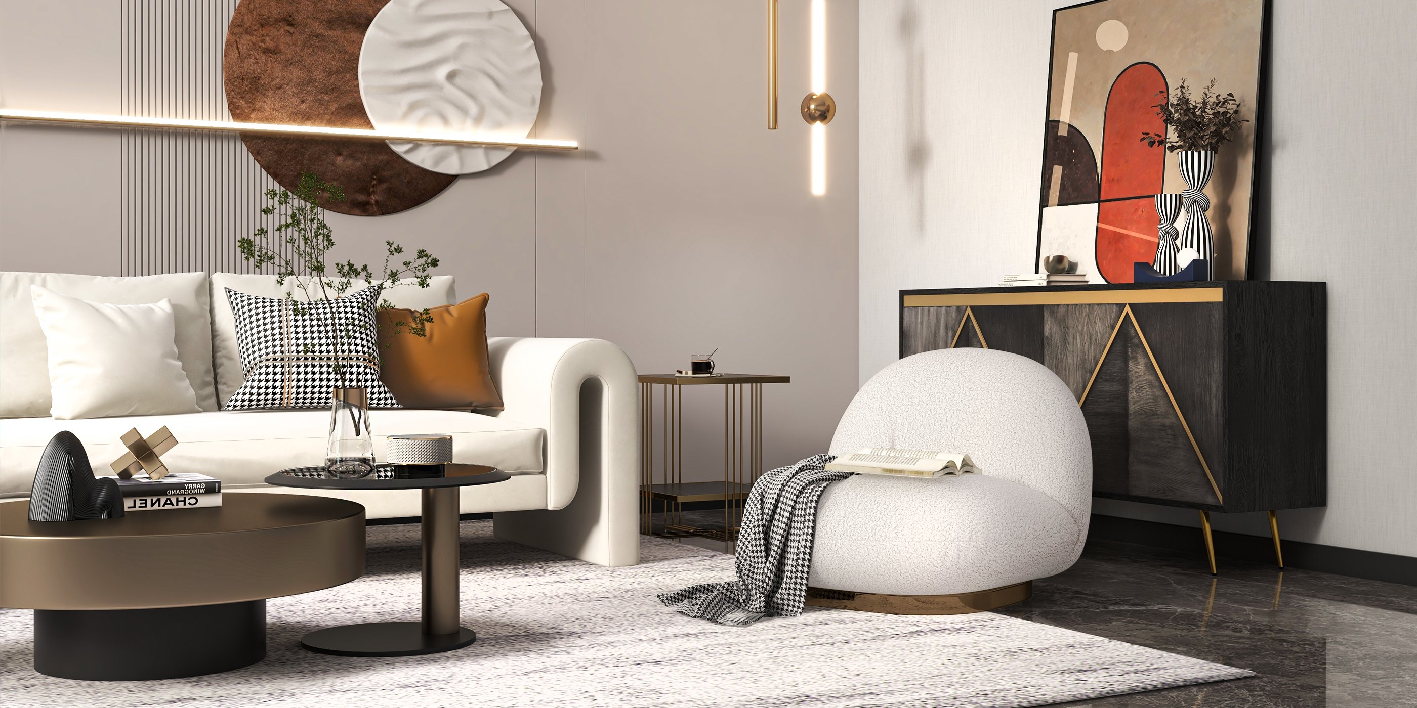HMR - Side Table with Storage and Geometric with Gold Frame in Black