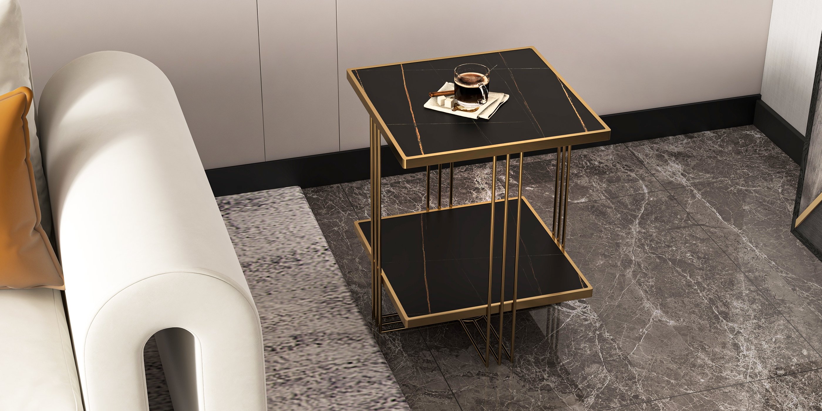 HMR - Side Table with Storage and Geometric with Gold Frame in Black