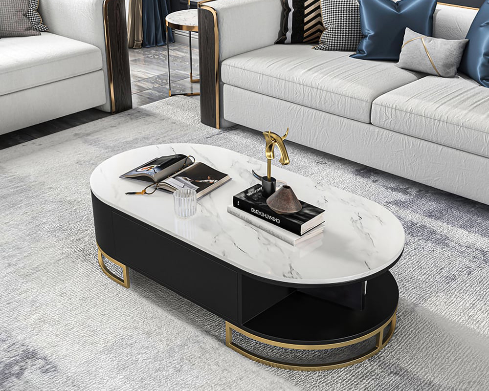 HMR - Oval Storage Coffee Table with Drawers Sintered Stone Gold Base in White