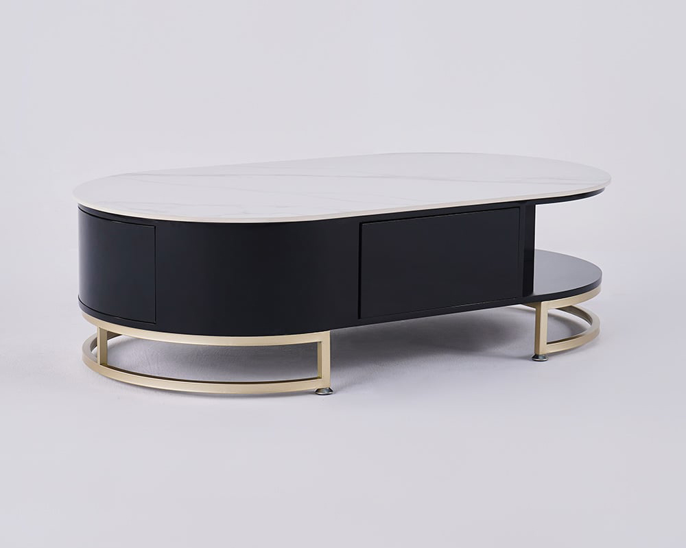 HMR - Oval Storage Coffee Table with Drawers Sintered Stone Gold Base in White