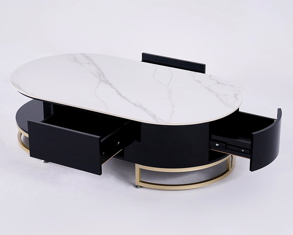HMR - Oval Storage Coffee Table with Drawers Sintered Stone Gold Base in White