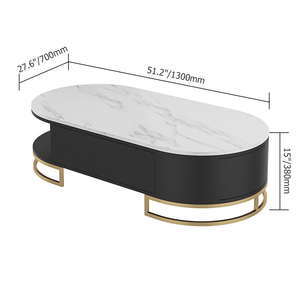 HMR - Oval Storage Coffee Table with Drawers Sintered Stone Gold Base in White