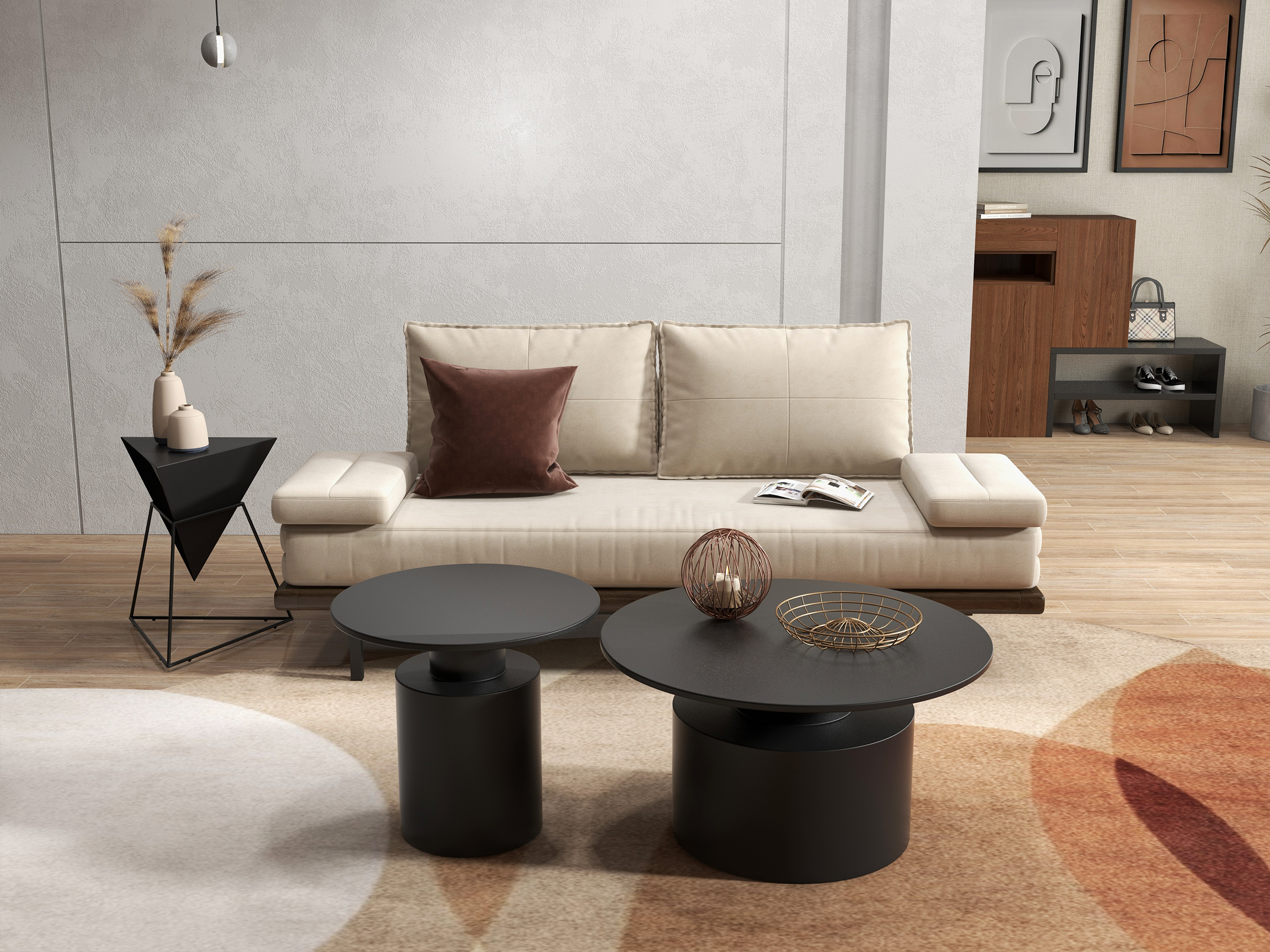 HMR - Round Metal Coffee Table Set of 2 in Black