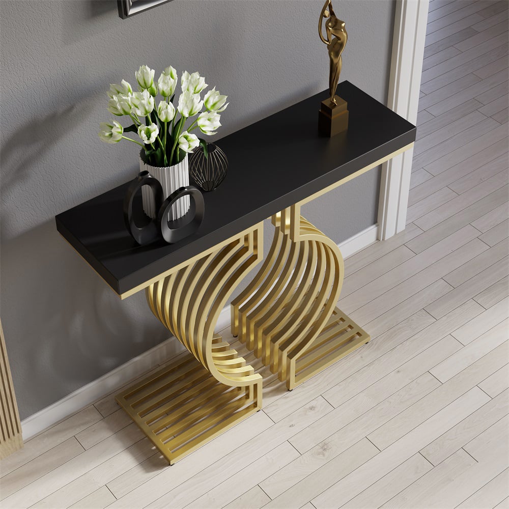 HMR Modern Narrow Console Table with Geometric Metal Base Entryway Table - Black, 47.2"