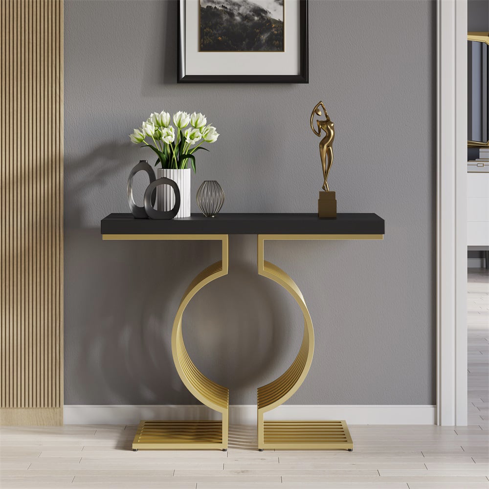 HMR Modern Narrow Console Table with Geometric Metal Base Entryway Table - Black, 47.2"