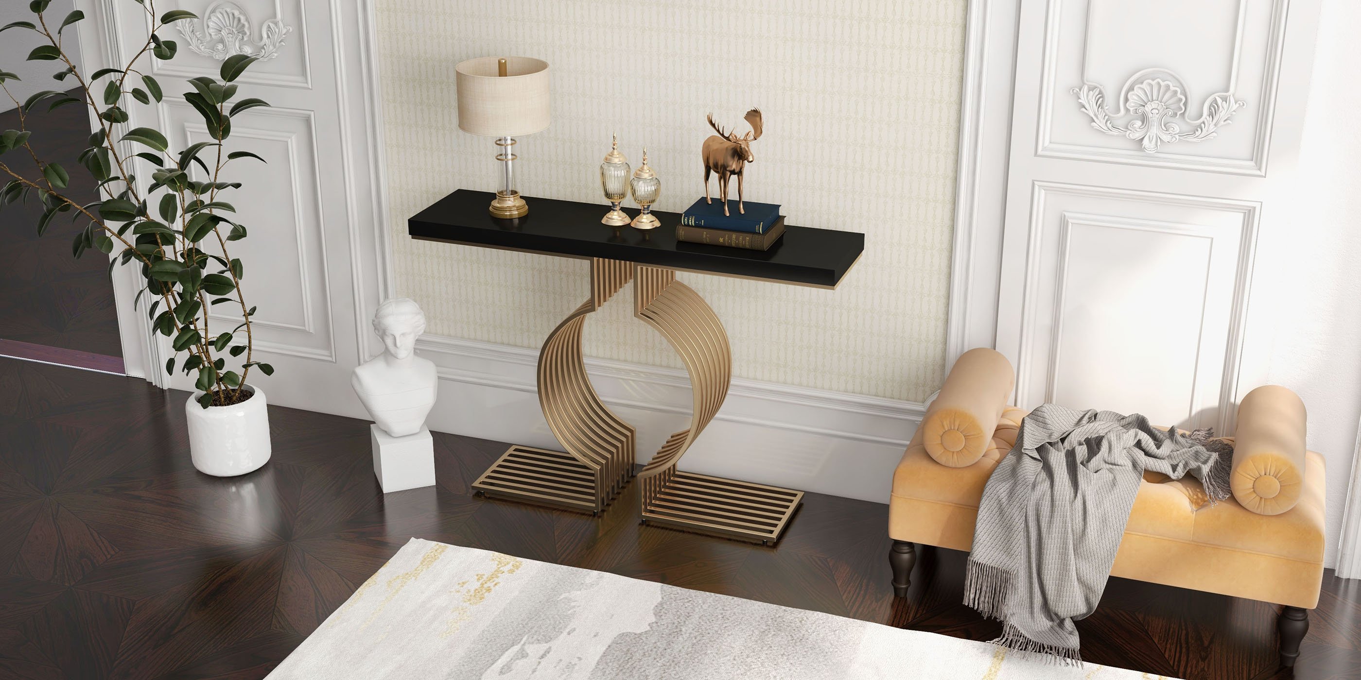 HMR Modern Narrow Console Table with Geometric Metal Base Entryway Table - Black, 47.2"