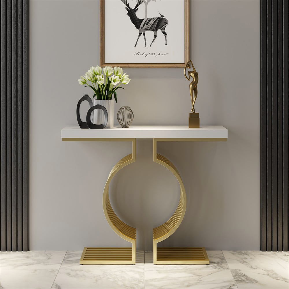 HMR Modern Narrow Console Table with Geometric Metal Base Entryway Table - White, 47.2"