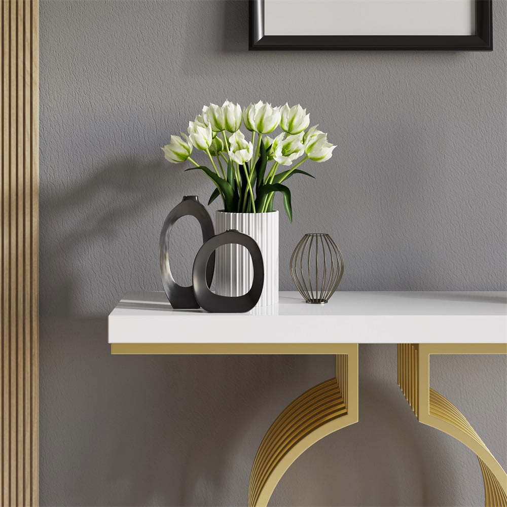 HMR Modern Narrow Console Table with Geometric Metal Base Entryway Table - White, 47.2"