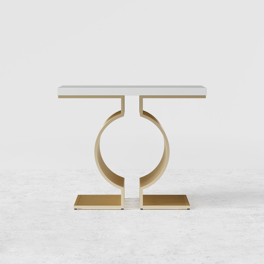 HMR Modern Narrow Console Table with Geometric Metal Base Entryway Table - White, 47.2"