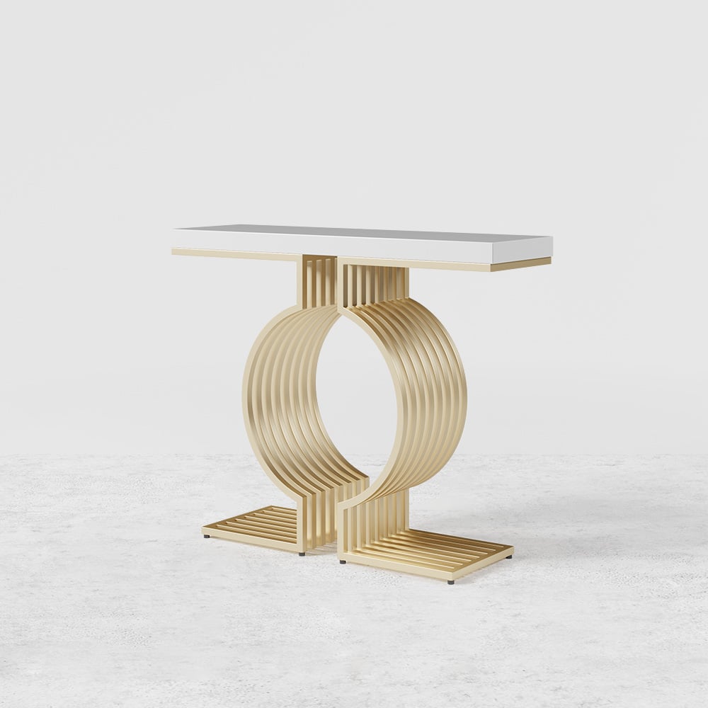HMR Modern Narrow Console Table with Geometric Metal Base Entryway Table - White, 47.2"