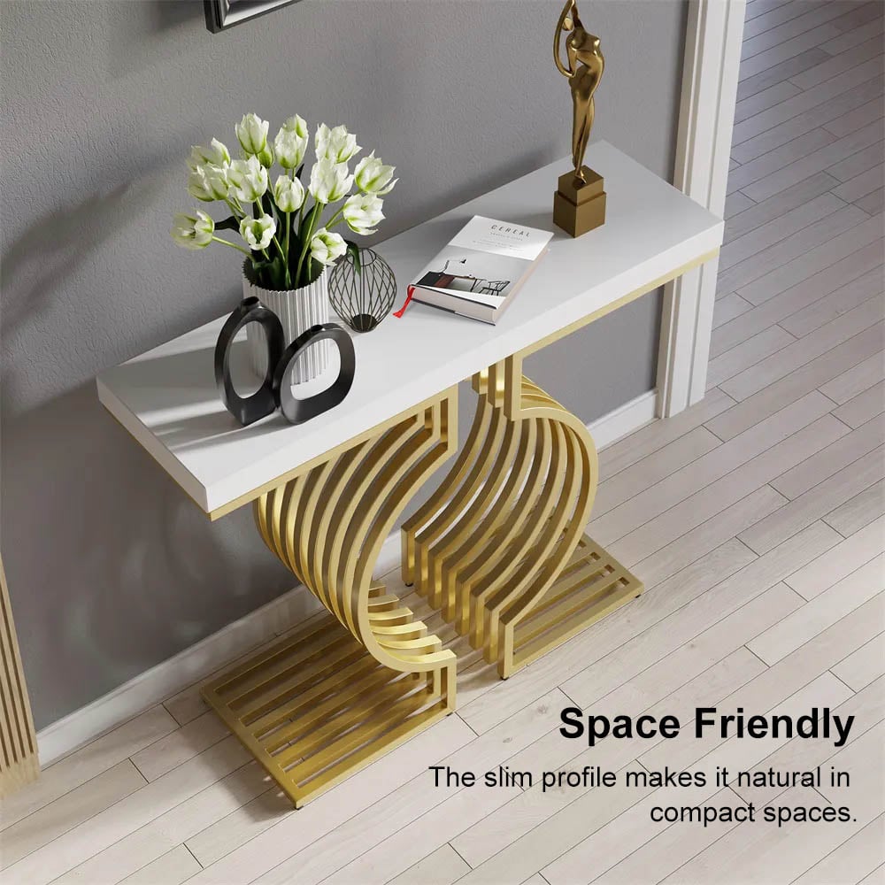 HMR Modern Narrow Console Table with Geometric Metal Base Entryway Table - White, 47.2"