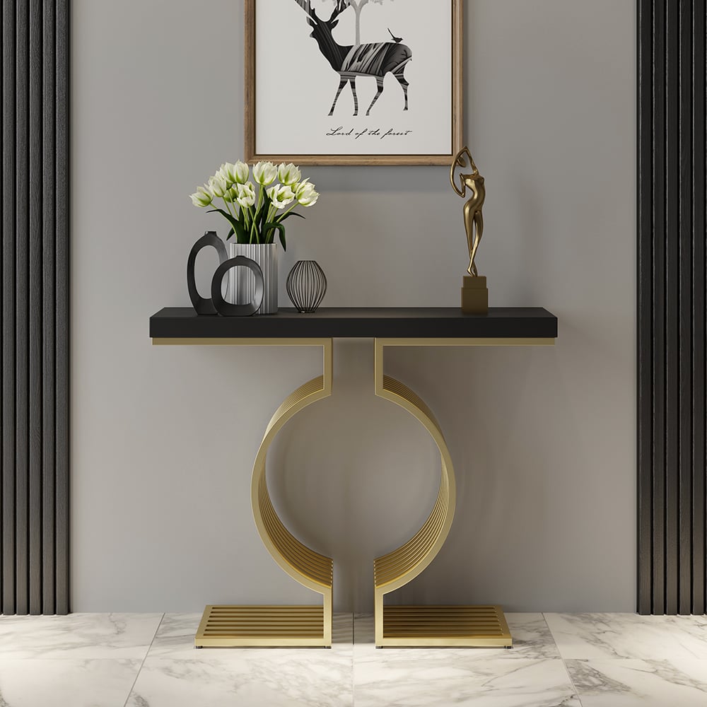 HMR Modern Narrow Console Table with Geometric Metal Base Entryway Table - Black, 39.4"