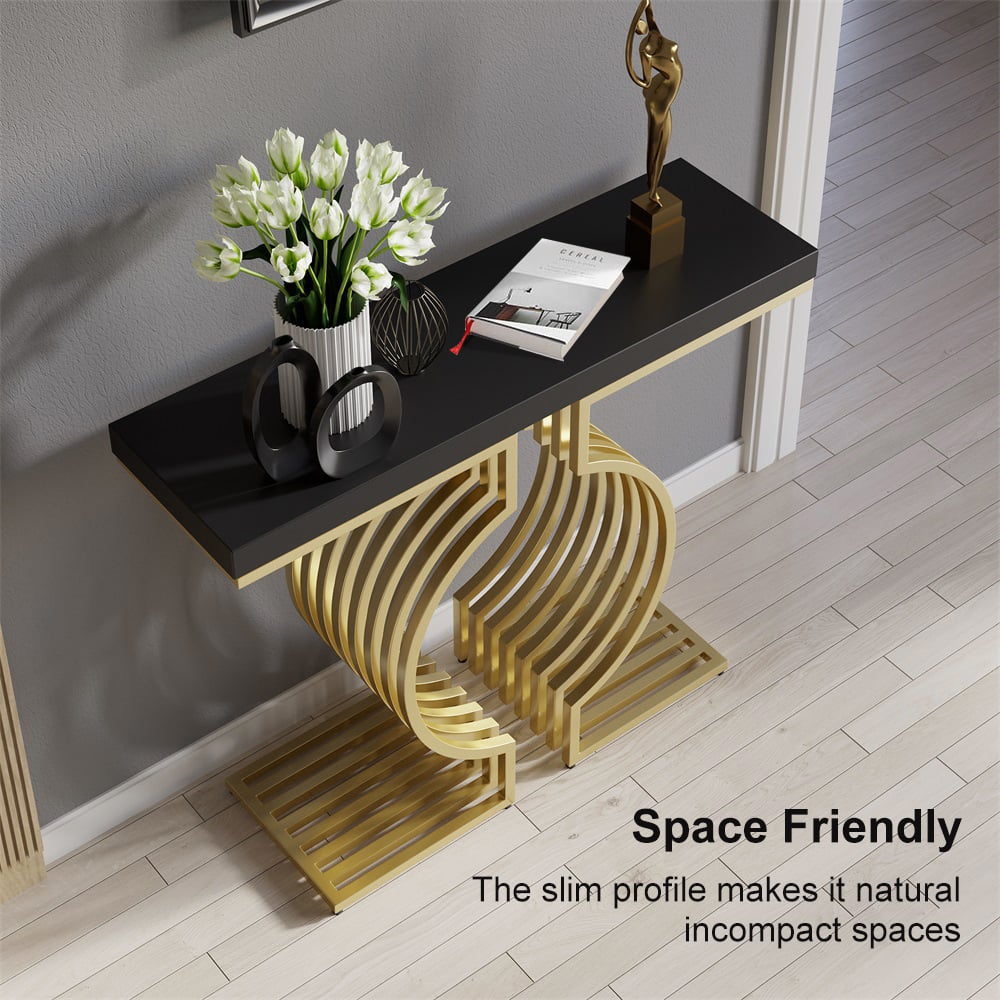 HMR Modern Narrow Console Table with Geometric Metal Base Entryway Table - Black, 39.4"