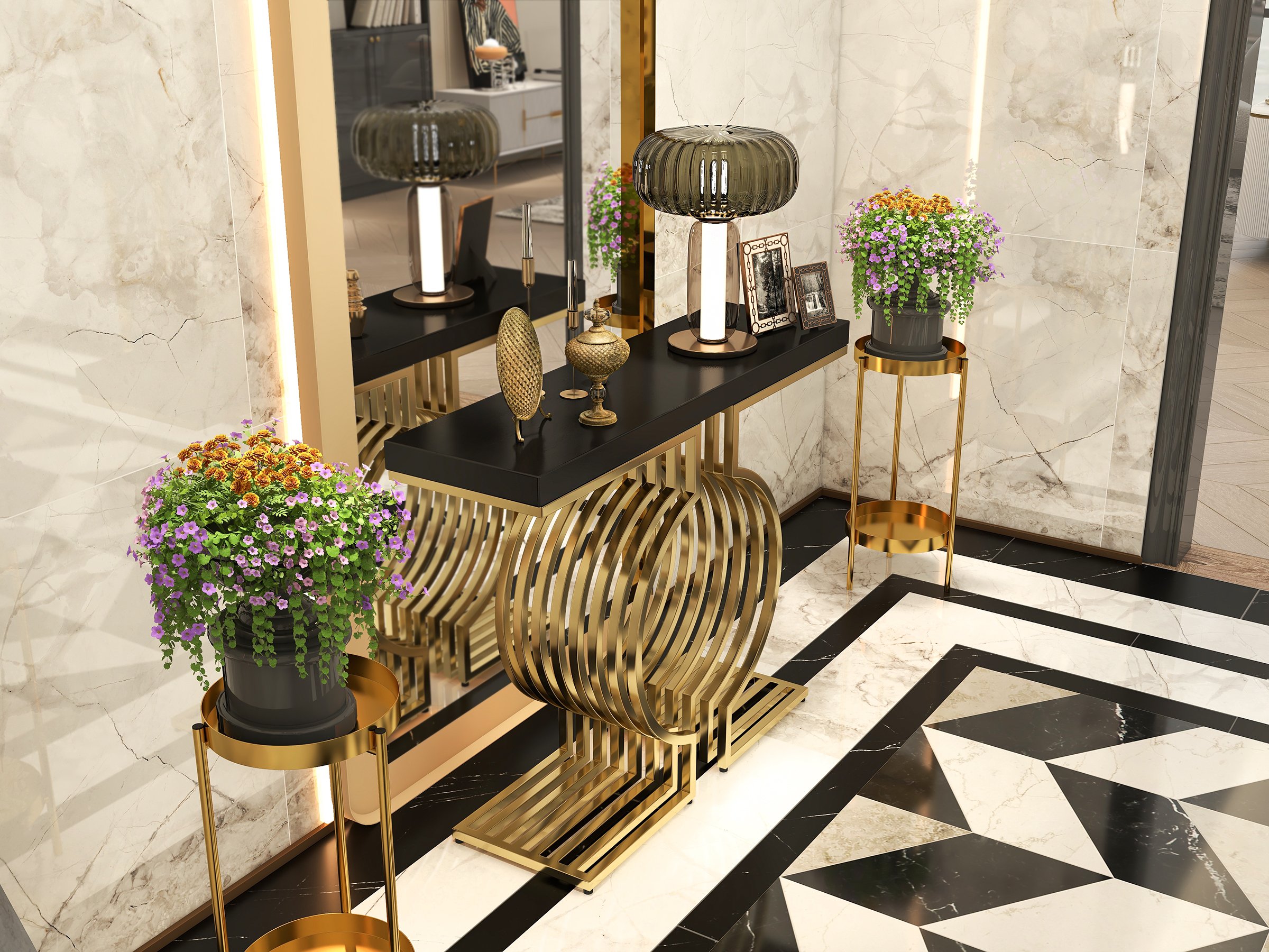 HMR Modern Narrow Console Table with Geometric Metal Base Entryway Table - Black, 39.4"