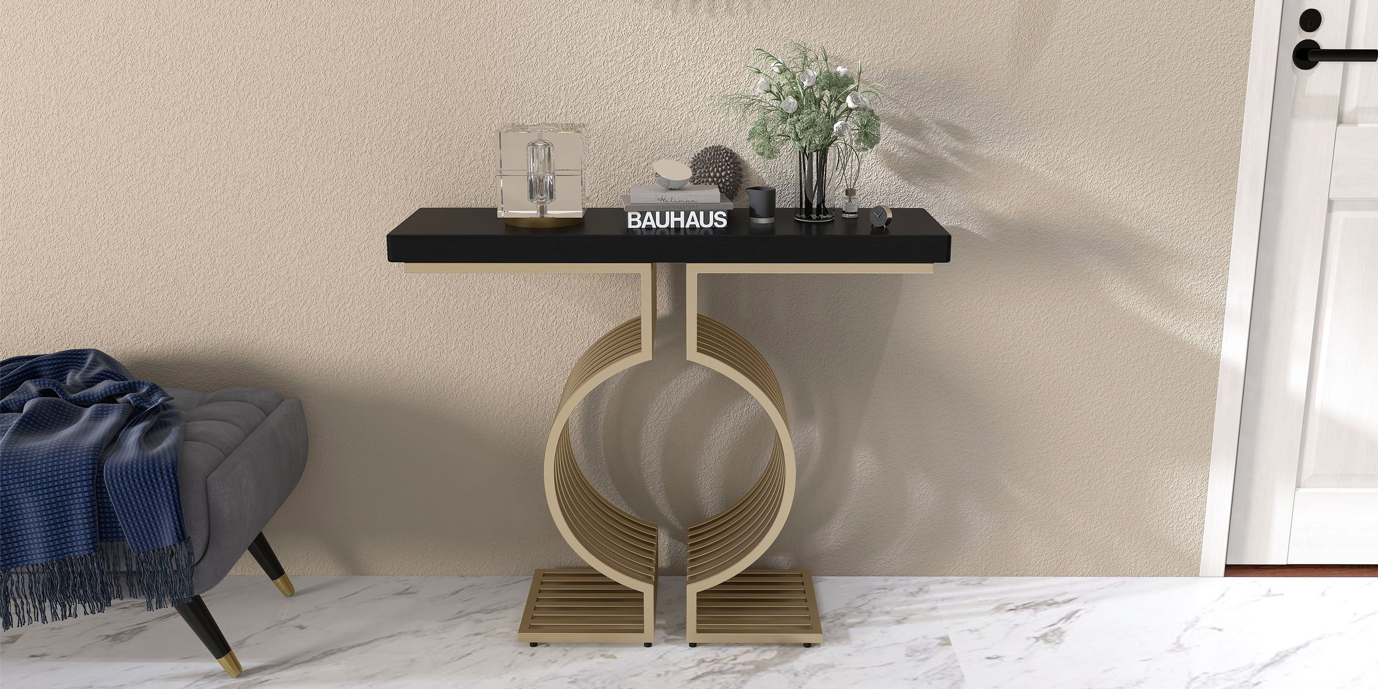HMR Modern Narrow Console Table with Geometric Metal Base Entryway Table - Black, 39.4"