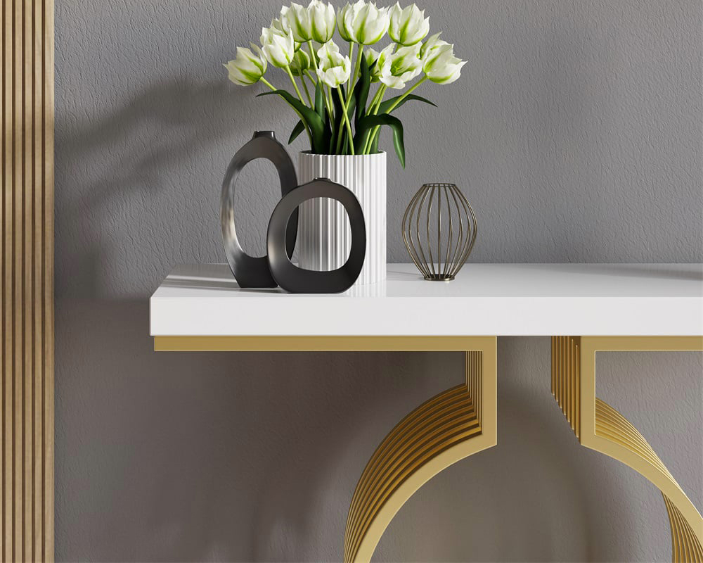 HMR Modern Narrow Console Table with Geometric Metal Base Entryway Table - White, 39.4"