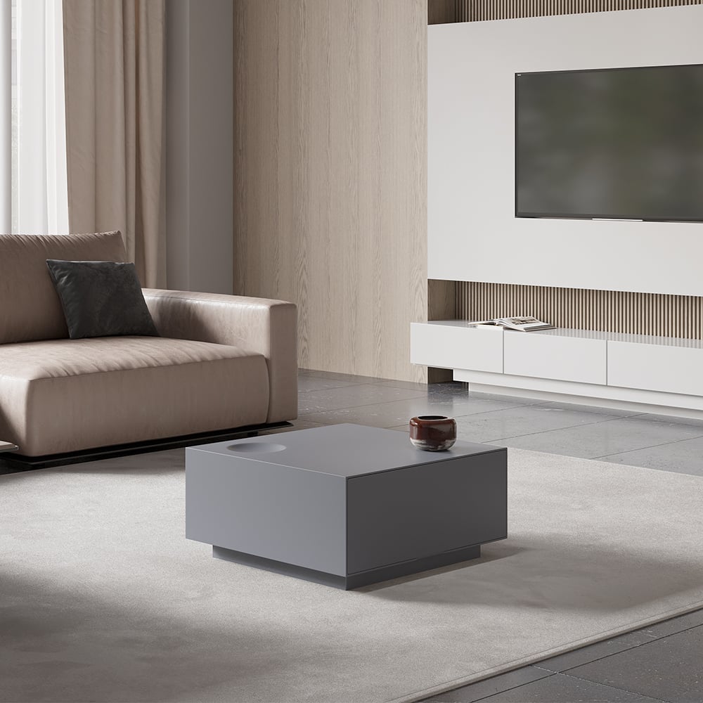 HMR - Square Coffee Table with Storage and Drawer in Gray