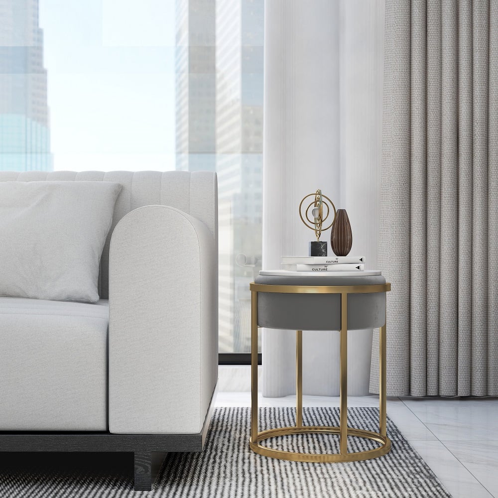 HMR - Round Sintered Stone Side Table Velvet Gold Finish in Gray