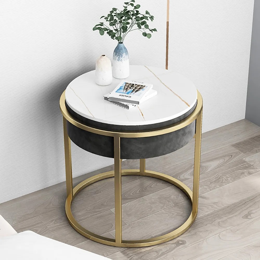 HMR - Round Sintered Stone Side Table Velvet Gold Finish in Gray
