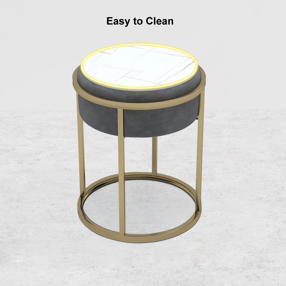 HMR - Round Sintered Stone Side Table Velvet Gold Finish in Gray
