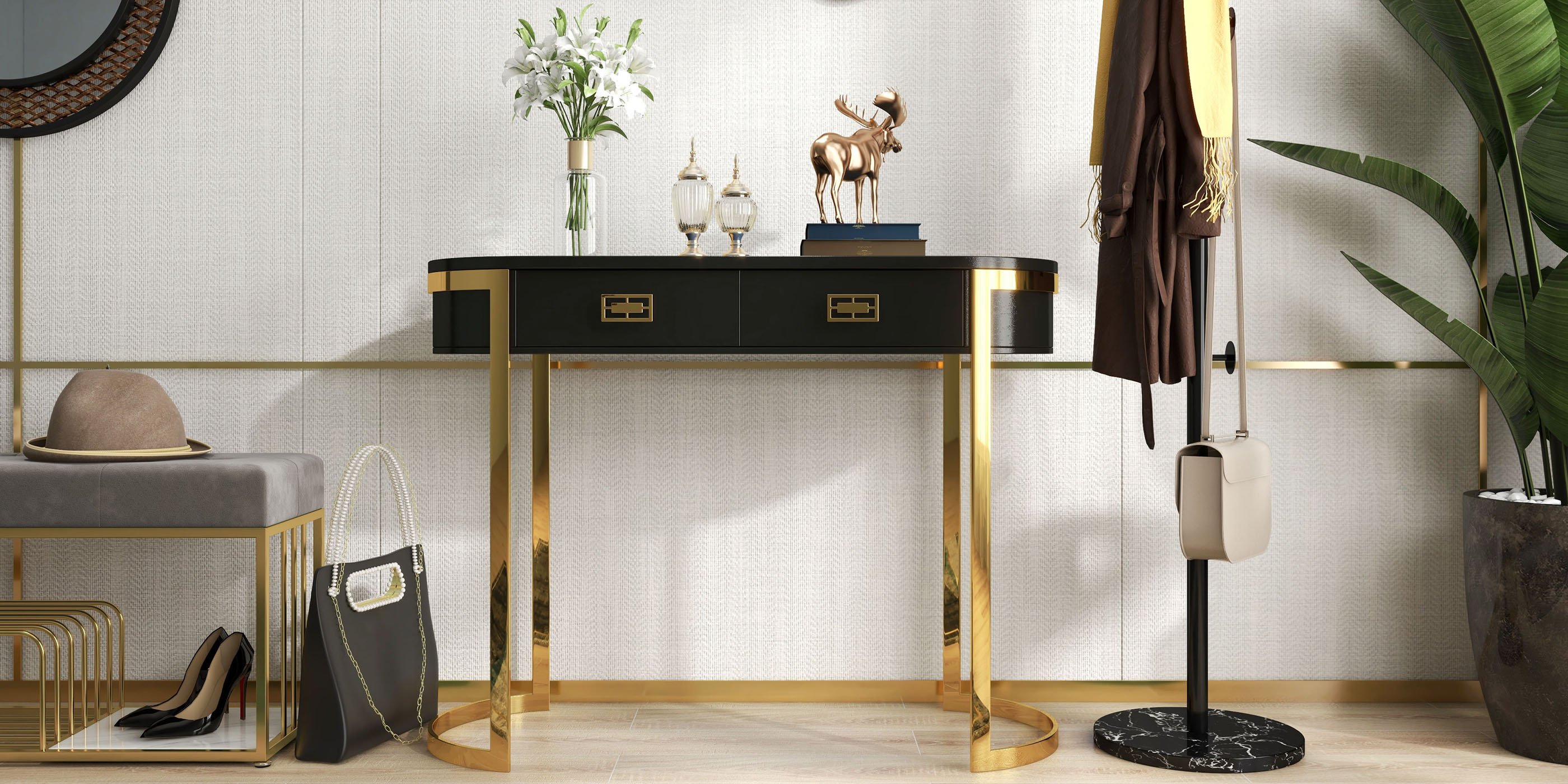HMR Modern Console Table with Drawers - Black